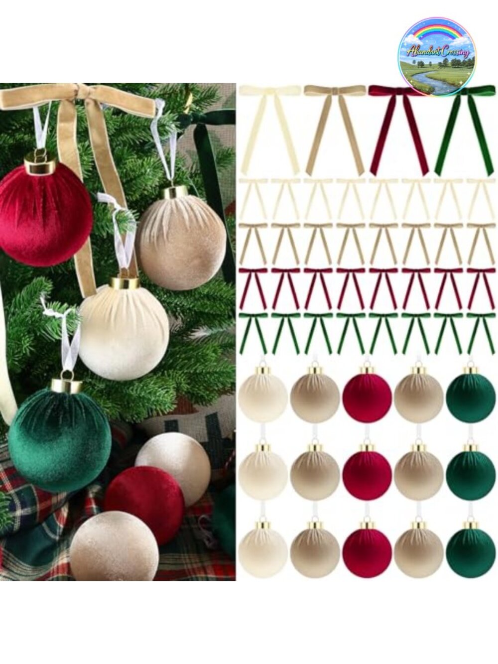 51 Pc Christmas Velvet Ornament Set Tree Balls Ribbon Bows Hanging Decor